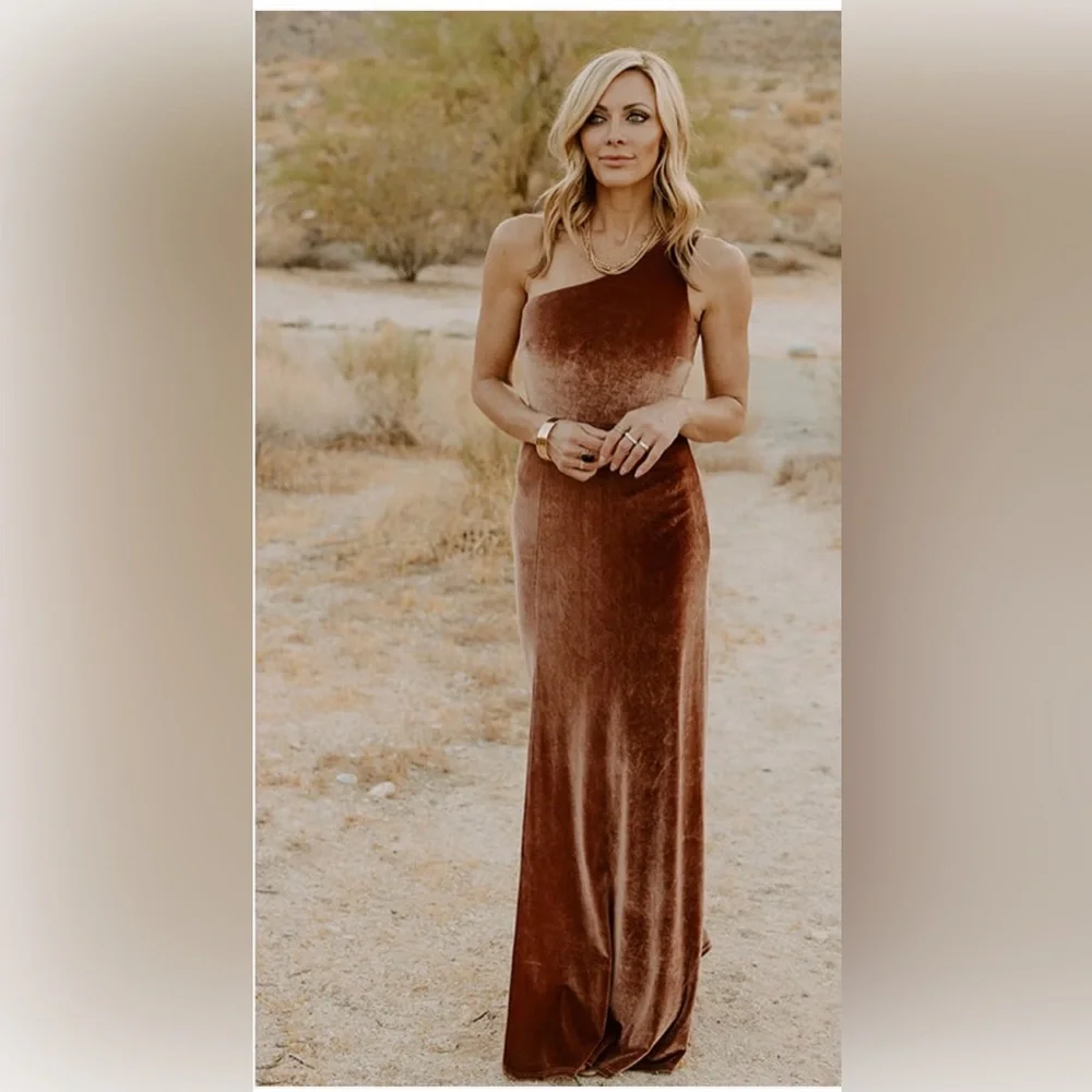 Baltic Born Elegant One-Shoulder Brown Velvet Dress - Picture 3 of 7